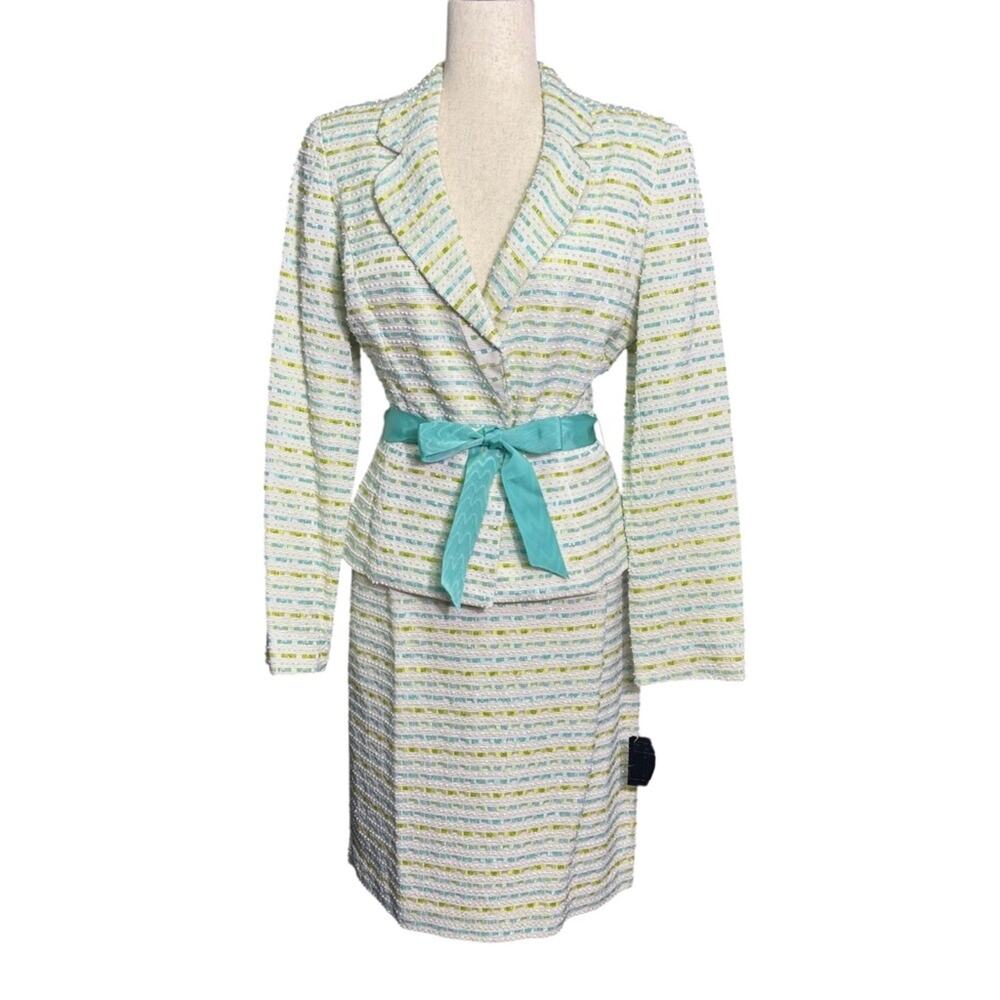 Carmen Marc Valvo Beaded Cream and Green Striped Skirt and Jacket Suit Size 8 T1
